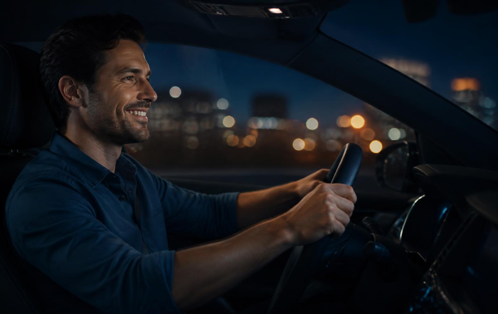 Motorista sorrindo ao volante protegido por seguro auto